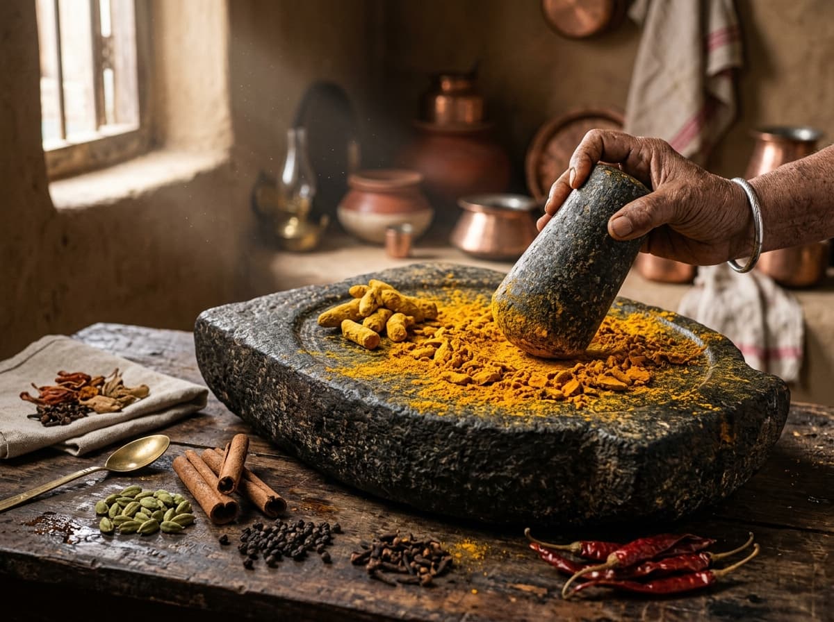 Traditional Granite Stone Grinding of Pure Turmeric and Spices